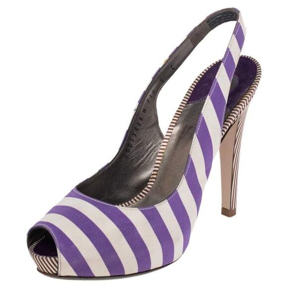 Salvatore Ferragamo White/Purple Striped Satin Fioretto Peep Toe Slingback 37.5 - Picture 1 of 9